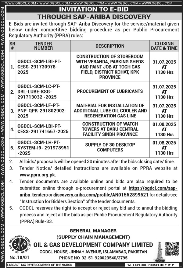 Oil & Gas Development Company Limited Islamabad Tender Notice